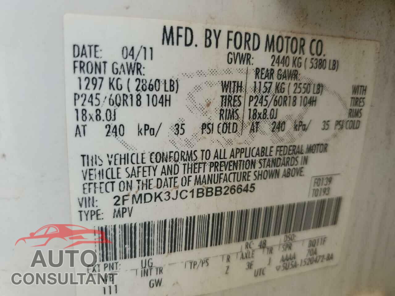 FORD EDGE 2011 - 2FMDK3JC1BBB26645