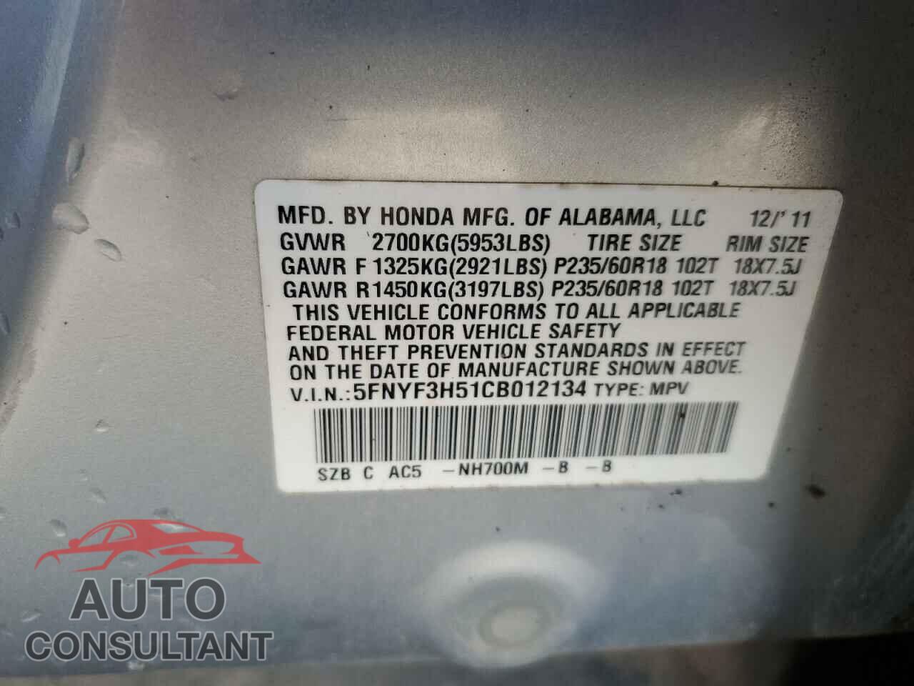 HONDA PILOT 2012 - 5FNYF3H51CB012134