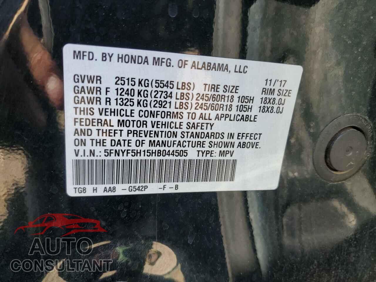 HONDA PILOT 2017 - 5FNYF5H15HB044505