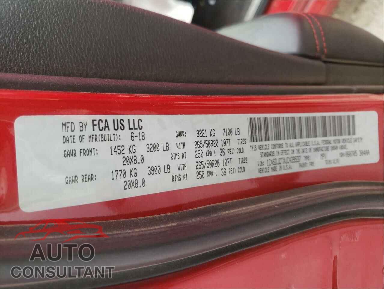 DODGE DURANGO 2018 - 1C4SDJCTXJC439537