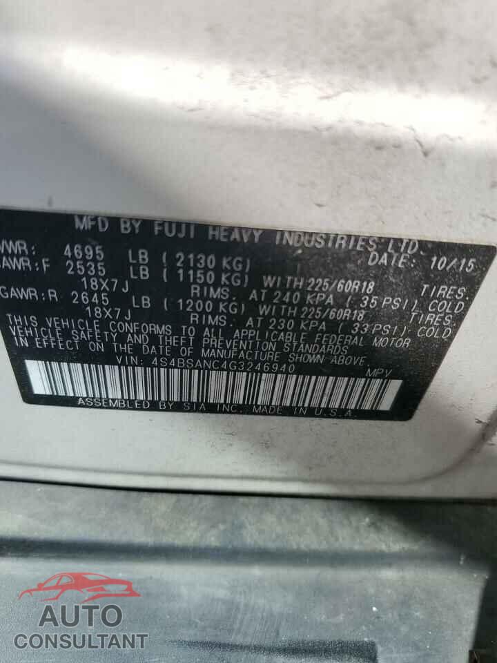 SUBARU OUTBACK 2016 - 4S4BSANC4G3246940