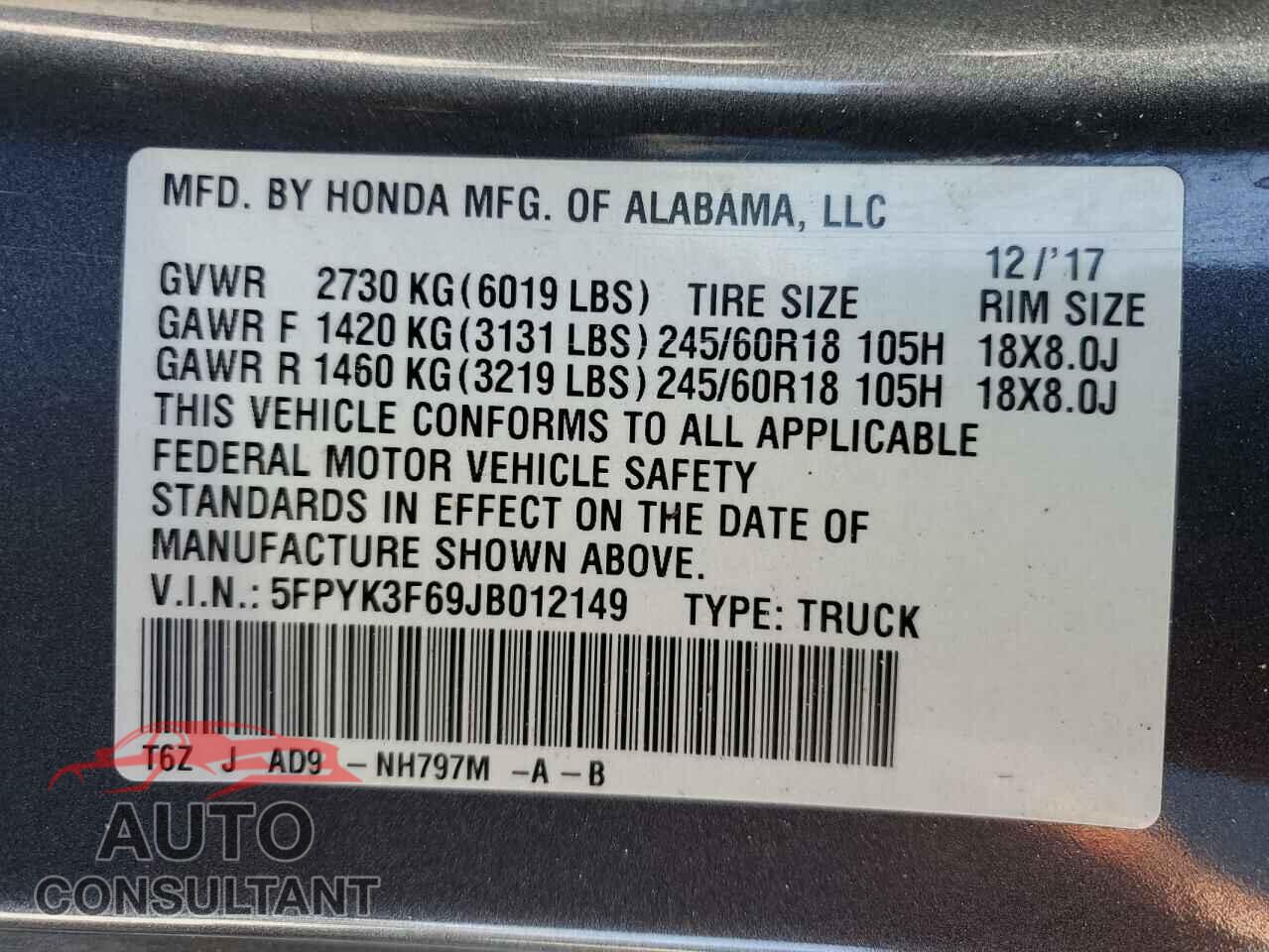 HONDA RIDGELINE 2018 - 5FPYK3F69JB012149