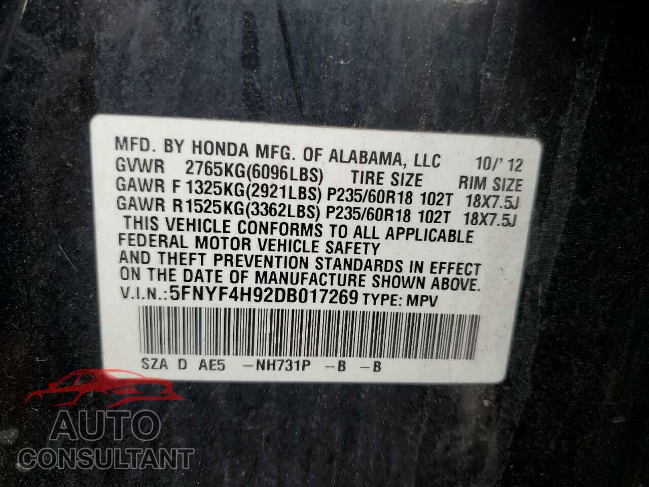 HONDA PILOT 2013 - 5FNYF4H92DB017269