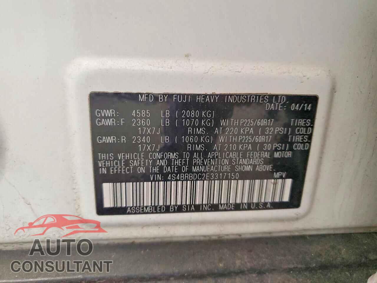 SUBARU OUTBACK 2014 - 4S4BRBDC2E3317150