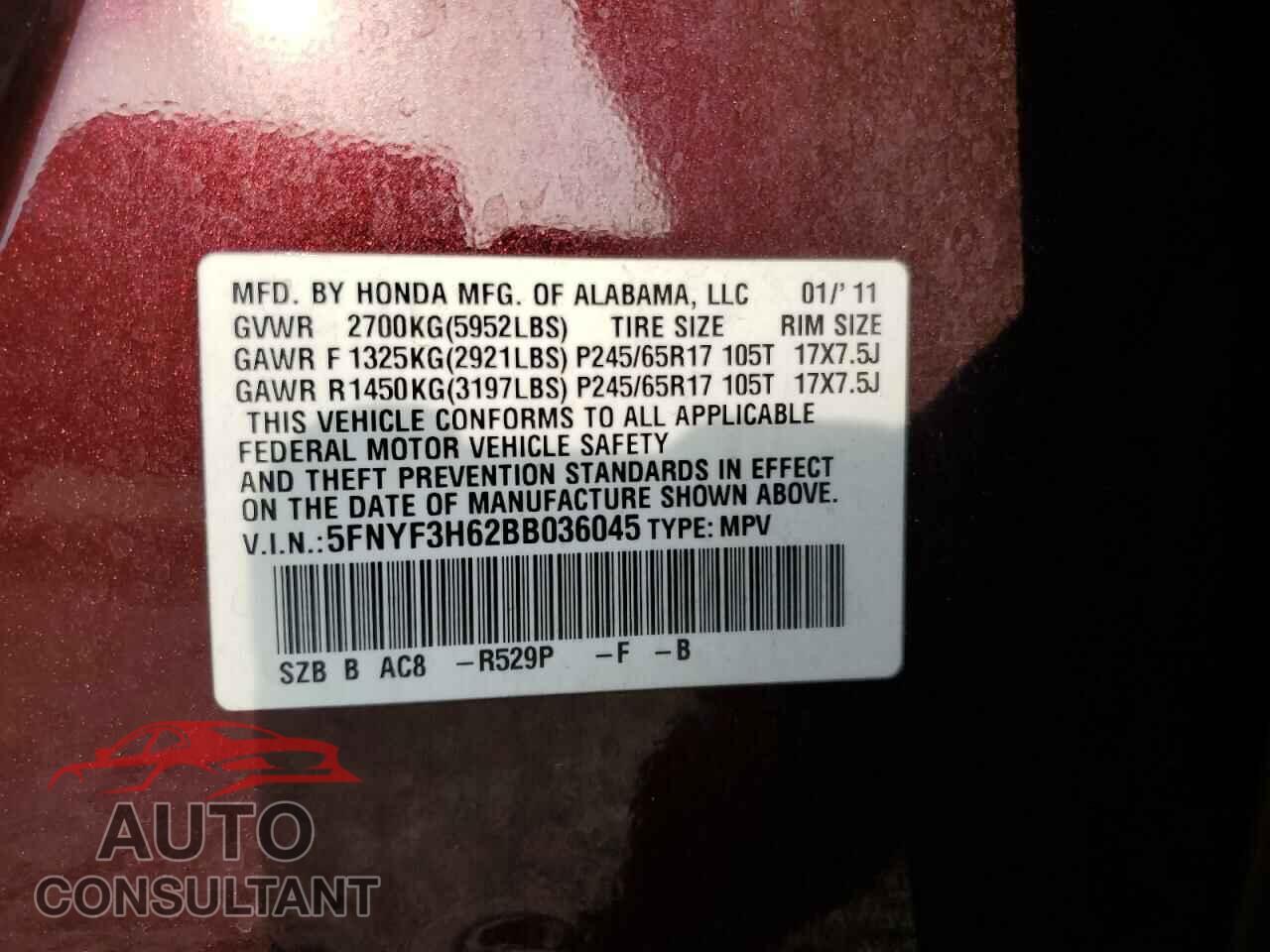 HONDA PILOT 2011 - 5FNYF3H62BB036045