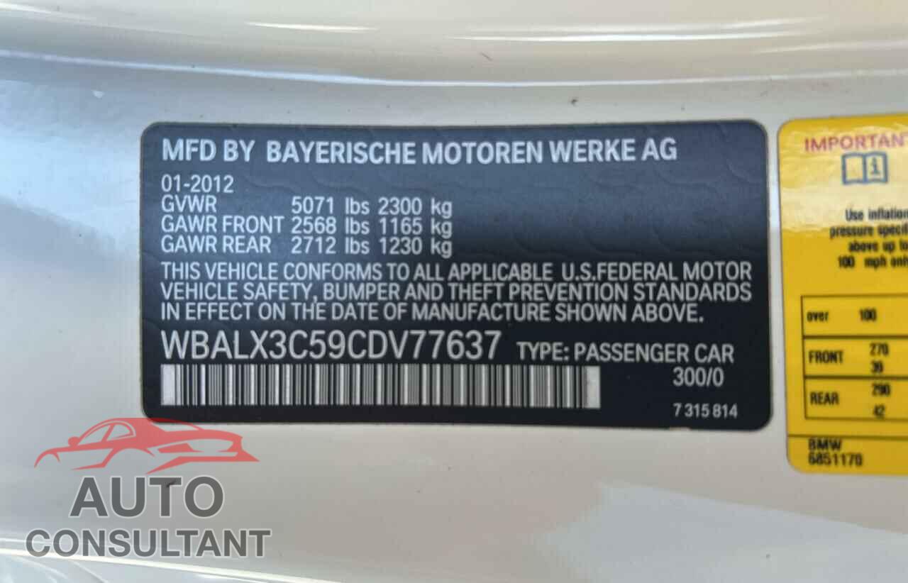 BMW 6 SERIES 2012 - WBALX3C59CDV77637