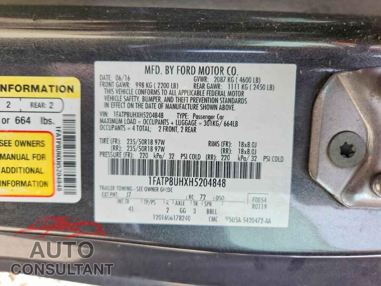 FORD MUSTANG 2017 - 1FATP8UHXH5204848