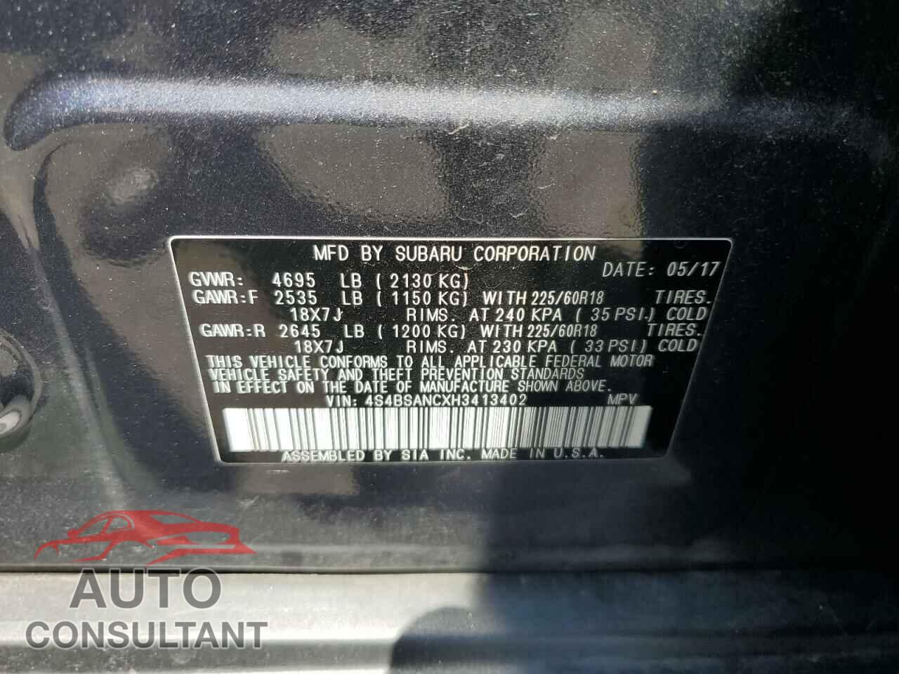 SUBARU OUTBACK 2017 - 4S4BSANCXH3413402
