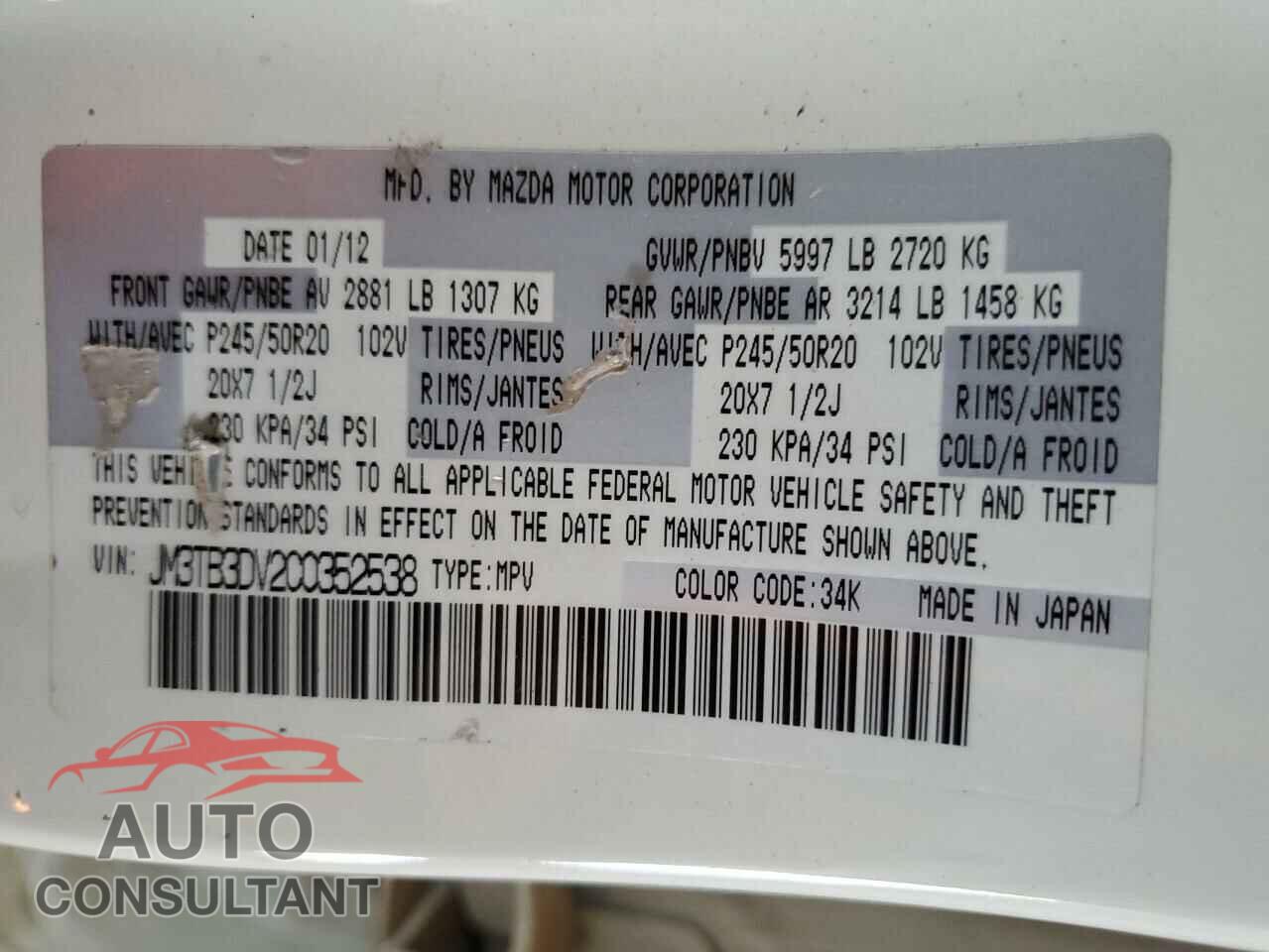 MAZDA CX-9 2012 - JM3TB3DV2C0352538