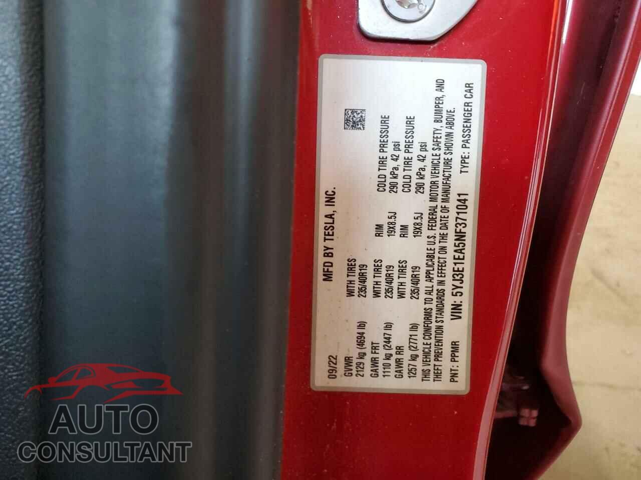 TESLA MODEL 3 2022 - 5YJ3E1EA5NF371041