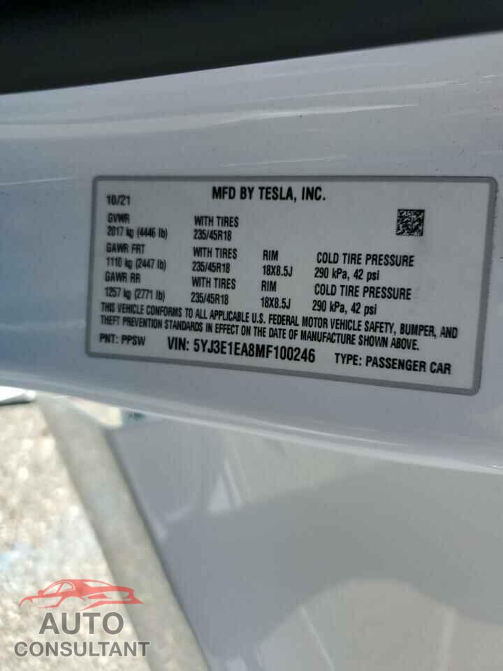 TESLA MODEL 3 2021 - 5YJ3E1EA8MF100246