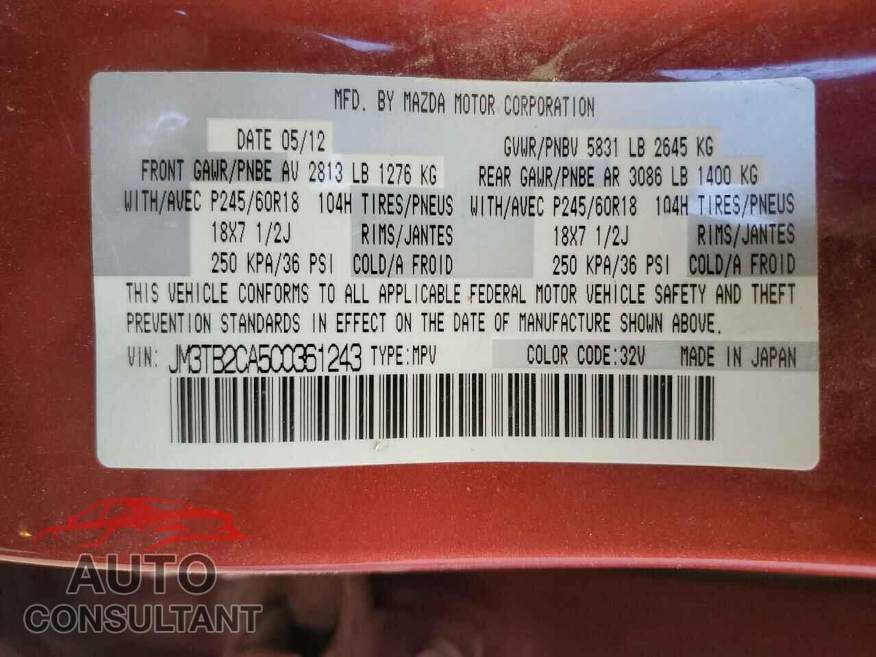MAZDA CX-9 2012 - JM3TB2CA5C0361243