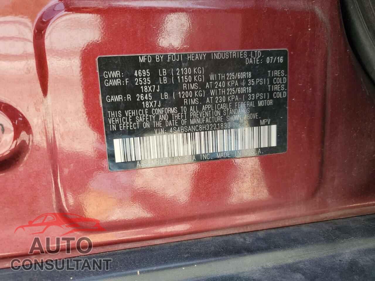 SUBARU OUTBACK 2017 - 4S4BSANC8H3221833