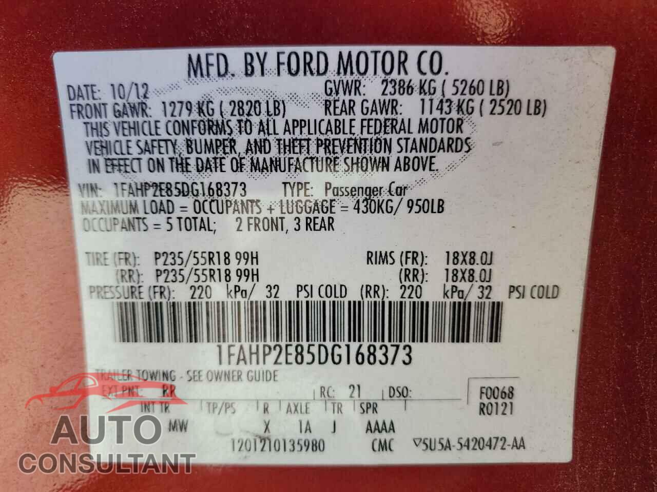 FORD TAURUS 2013 - 1FAHP2E85DG168373