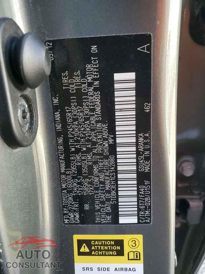 TOYOTA HIGHLANDER 2012 - 5TDBK3EH1CS142880