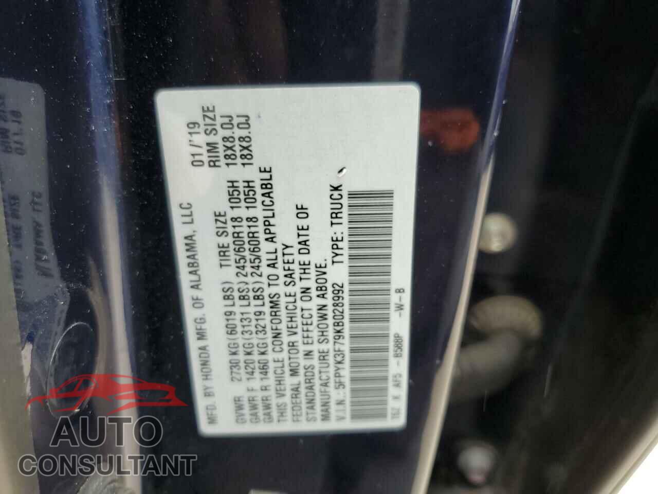 HONDA RIDGELINE 2019 - 5FPYK3F79KB028992