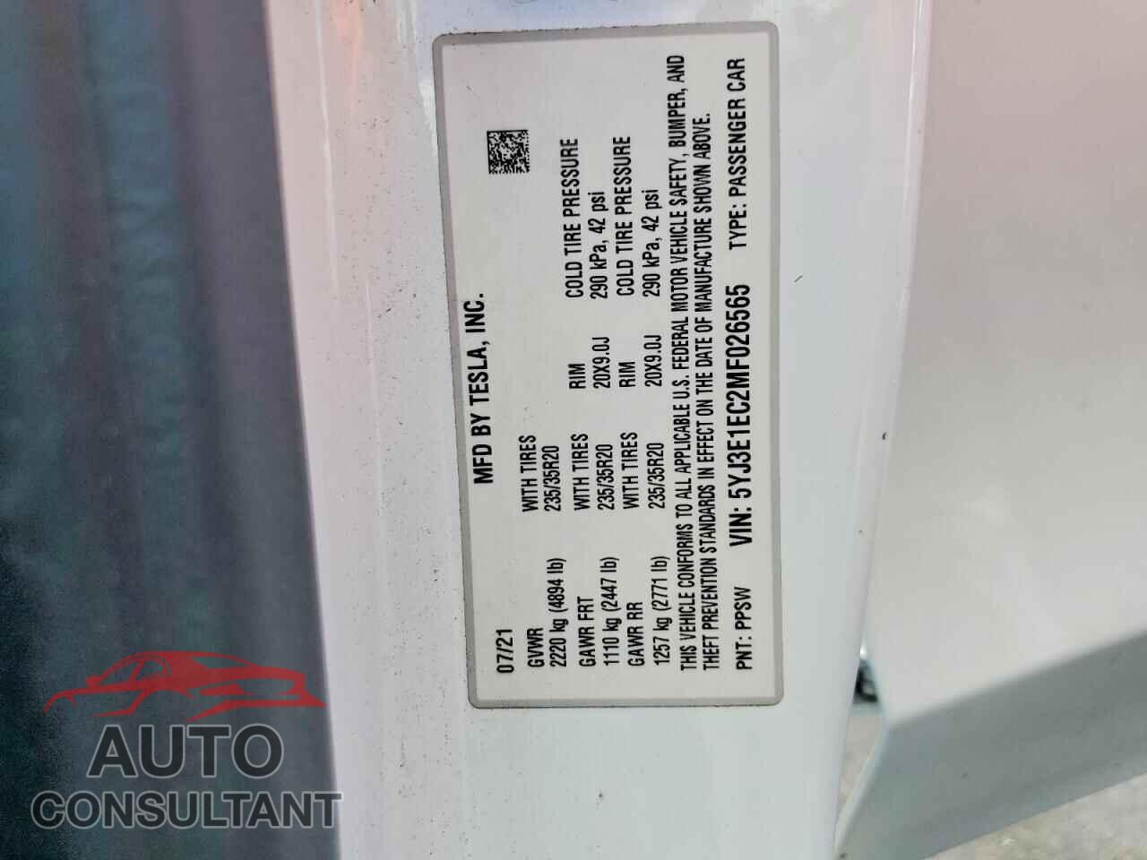 TESLA MODEL 3 2021 - 5YJ3E1EC2MF026565