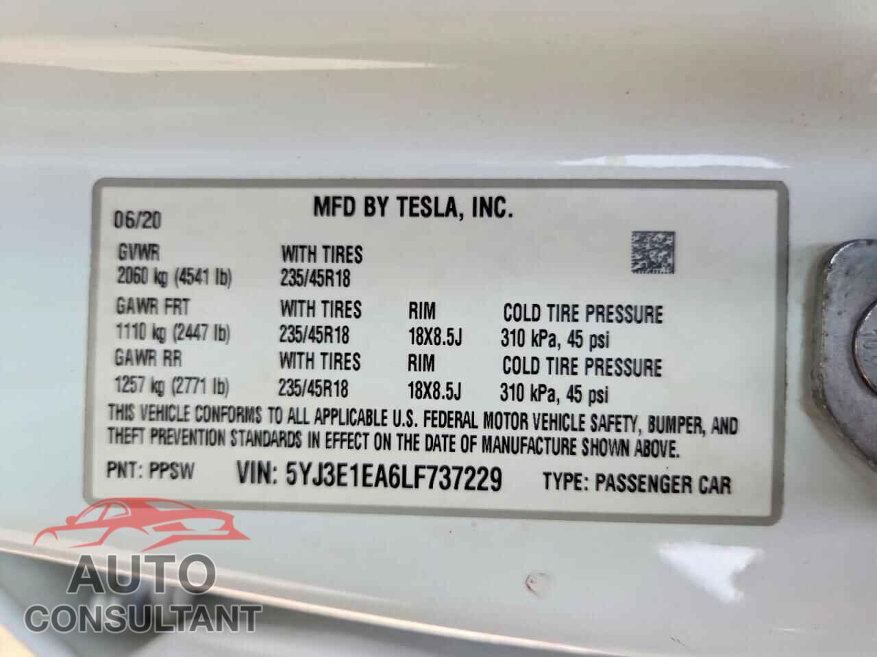 TESLA MODEL 3 2020 - 5YJ3E1EA6LF737229