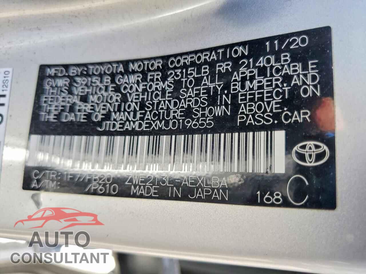 TOYOTA COROLLA 2021 - JTDEAMDEXMJ019655