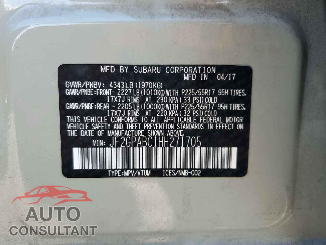 SUBARU CROSSTREK 2017 - JF2GPABC1HH271705