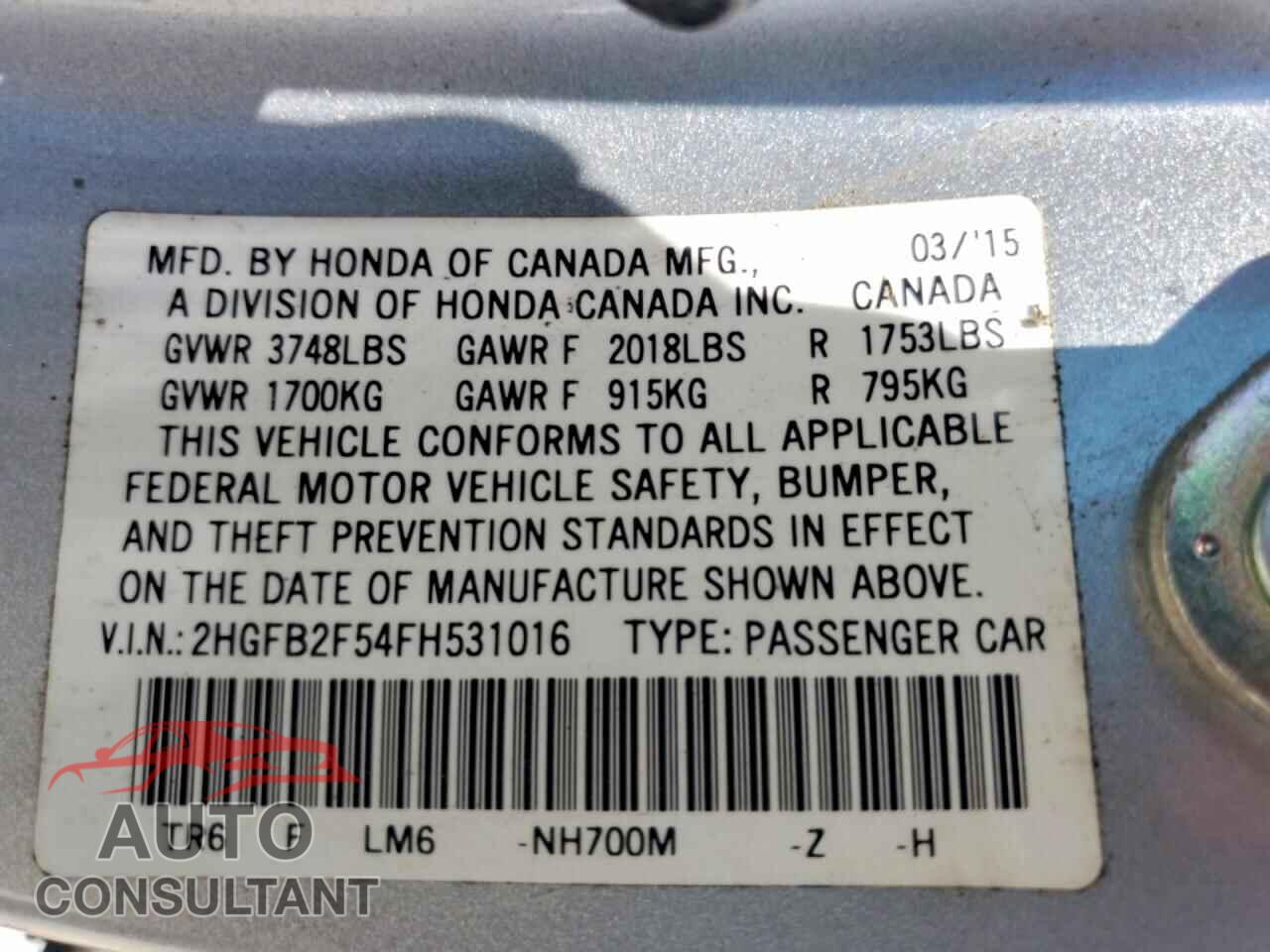 HONDA CIVIC 2015 - 2HGFB2F54FH531016