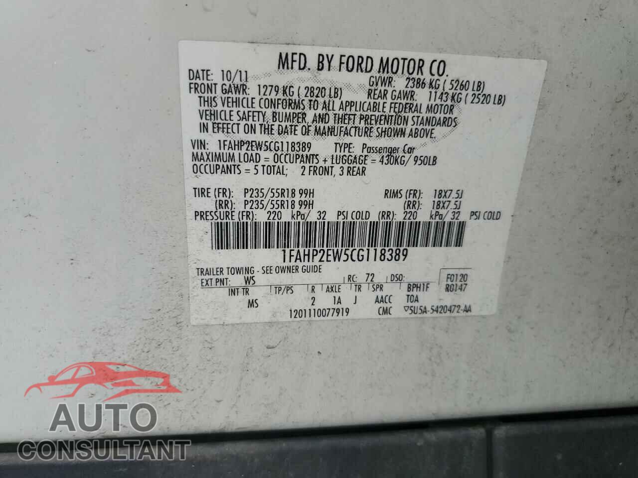 FORD TAURUS 2012 - 1FAHP2EW5CG118389