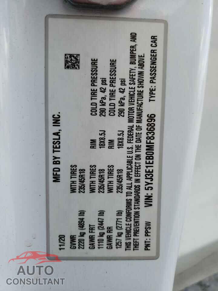 TESLA MODEL 3 2021 - 5YJ3E1EB0MF836896