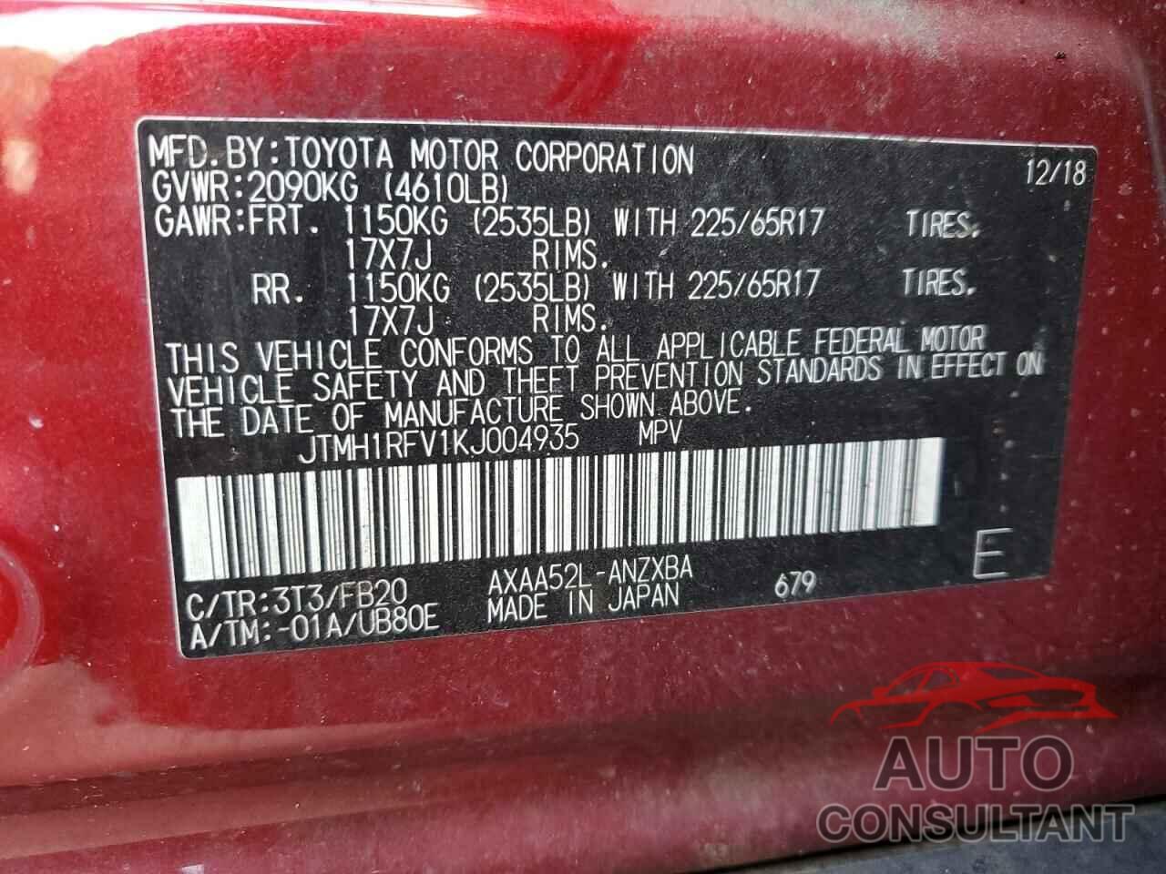 TOYOTA RAV4 2019 - JTMH1RFV1KJ004935