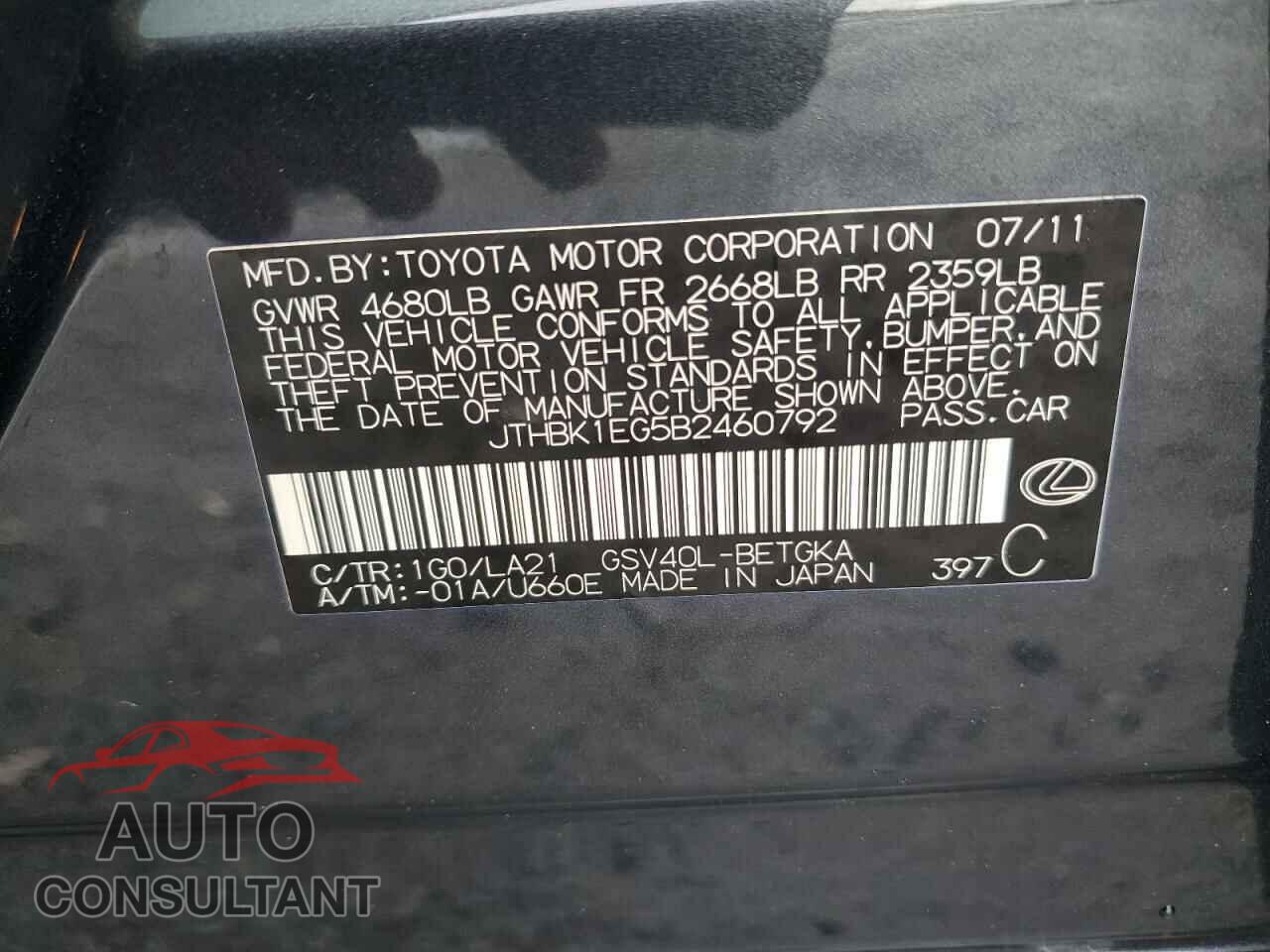 LEXUS ES350 2011 - JTHBK1EG5B2460792
