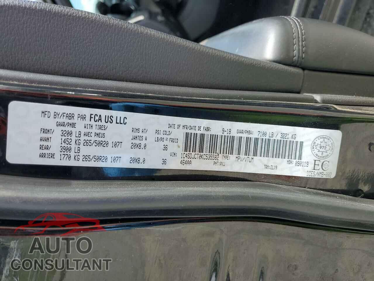 DODGE DURANGO 2019 - 1C4SDJCT0KC535582