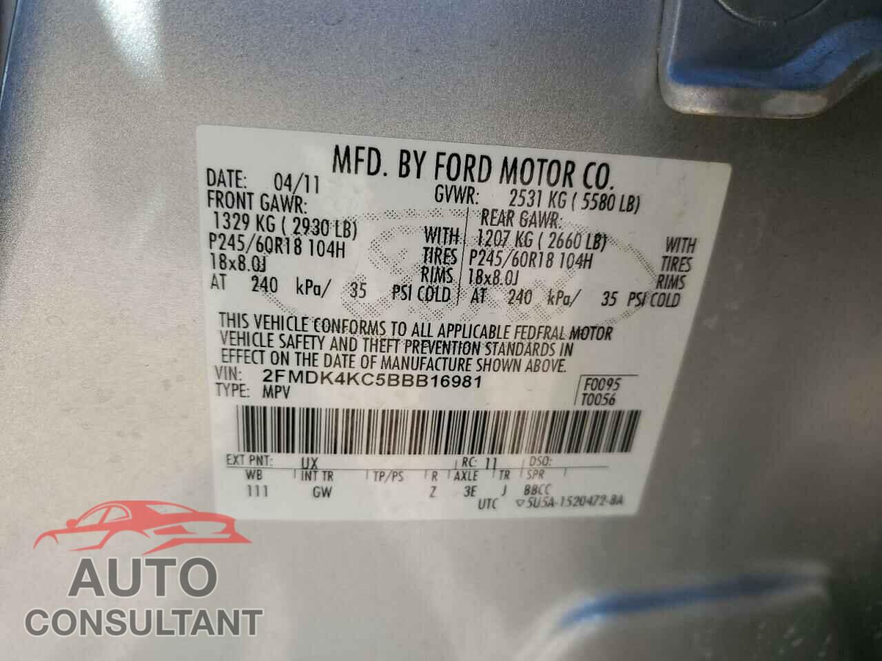 FORD EDGE 2011 - 2FMDK4KC5BBB16981
