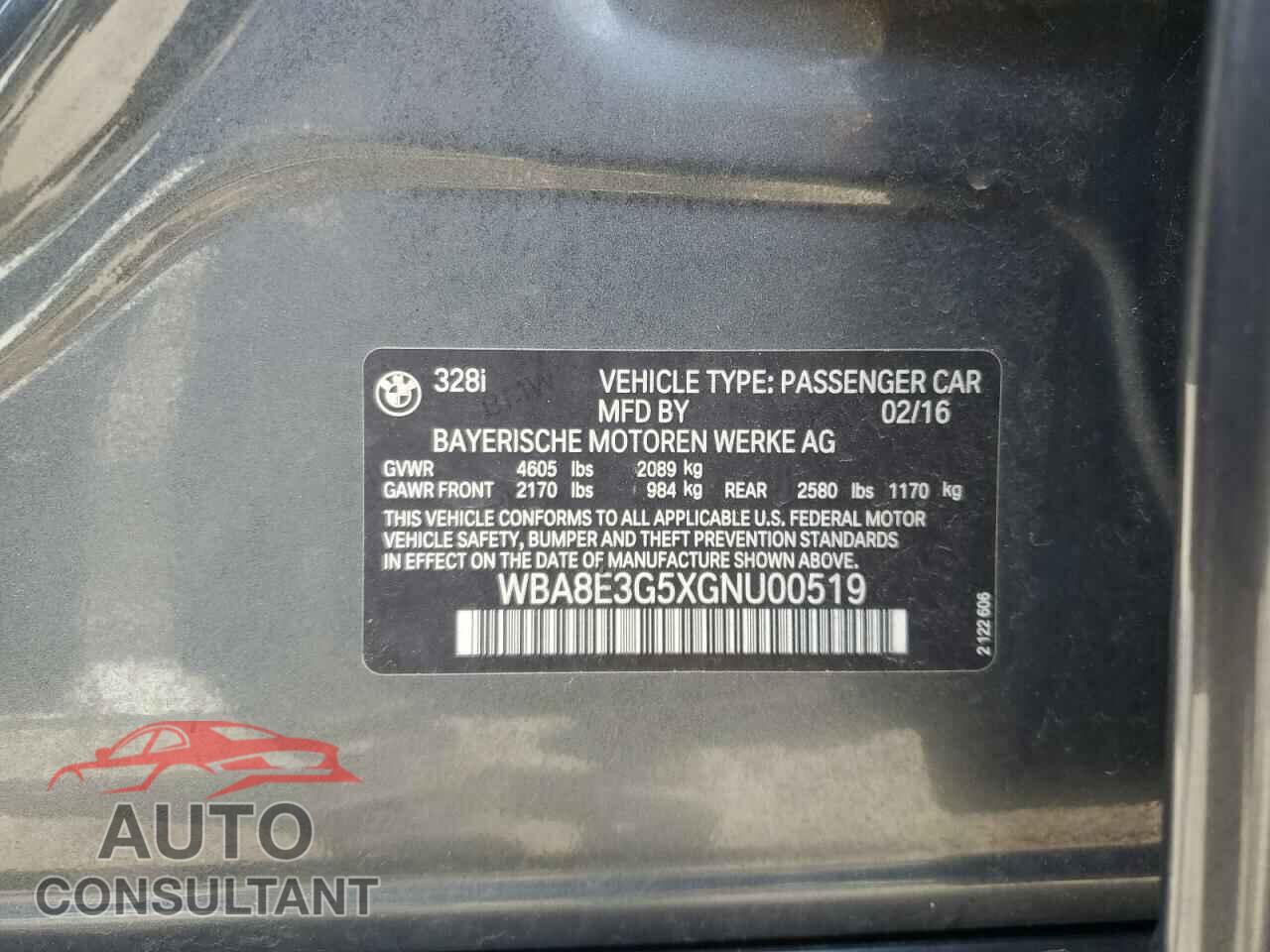 BMW 3 SERIES 2016 - WBA8E3G5XGNU00519