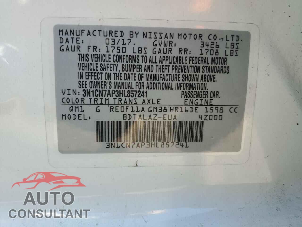 NISSAN VERSA 2017 - 3N1CN7AP3HL857241