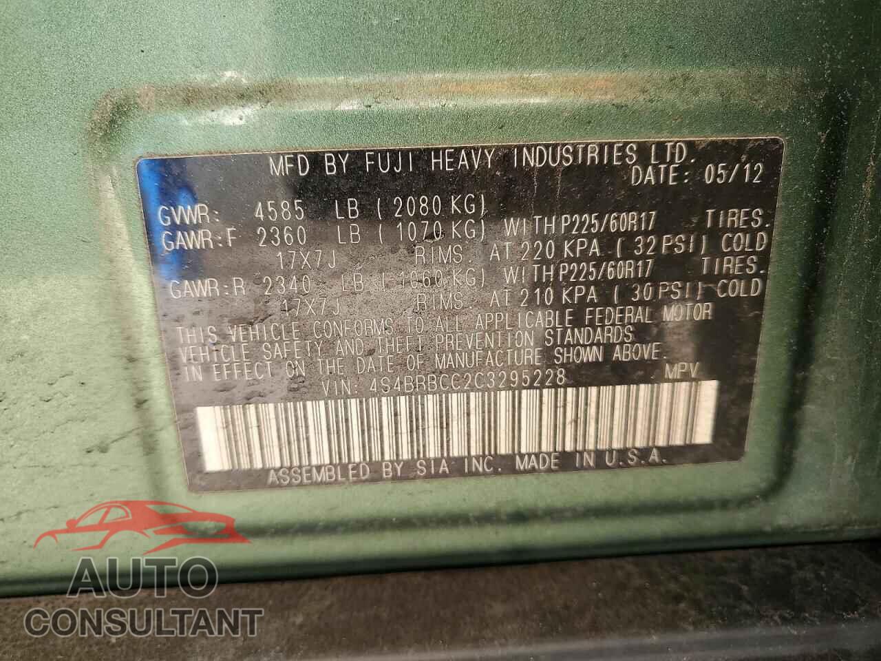 SUBARU OUTBACK 2012 - 4S4BRBCC2C3295228
