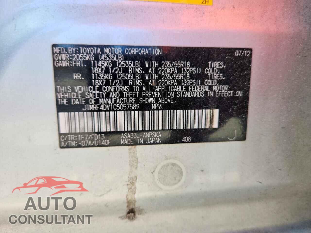 TOYOTA RAV4 2012 - JTMRF4DV1C5057589