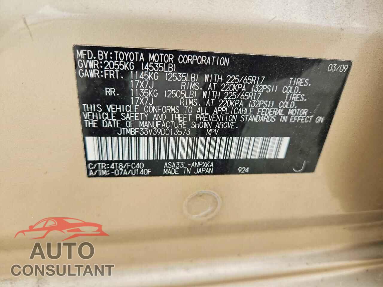 TOYOTA RAV4 2009 - JTMBF33V39D013573