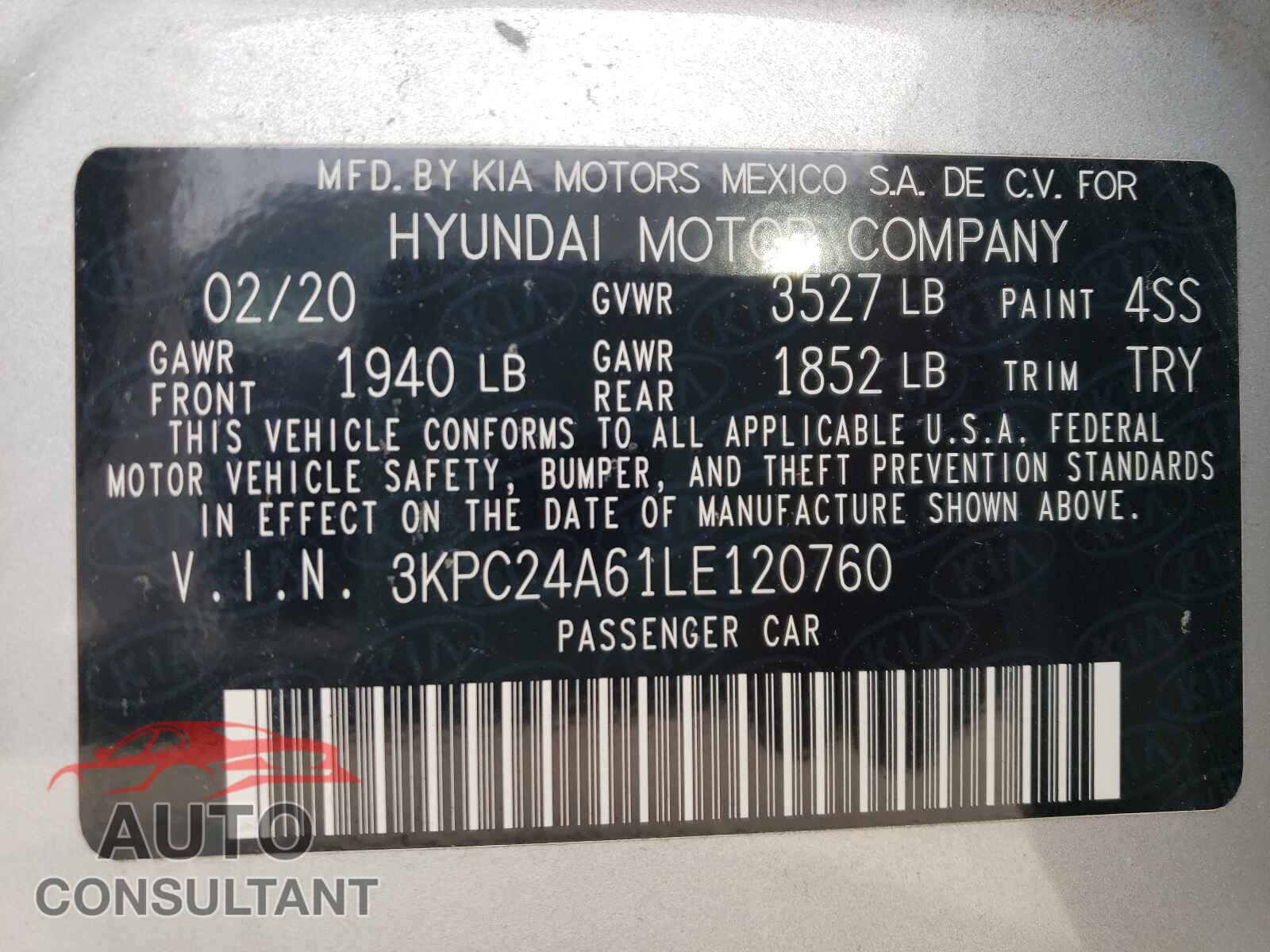 HYUNDAI ACCENT 2020 - 3KPC24A61LE120760