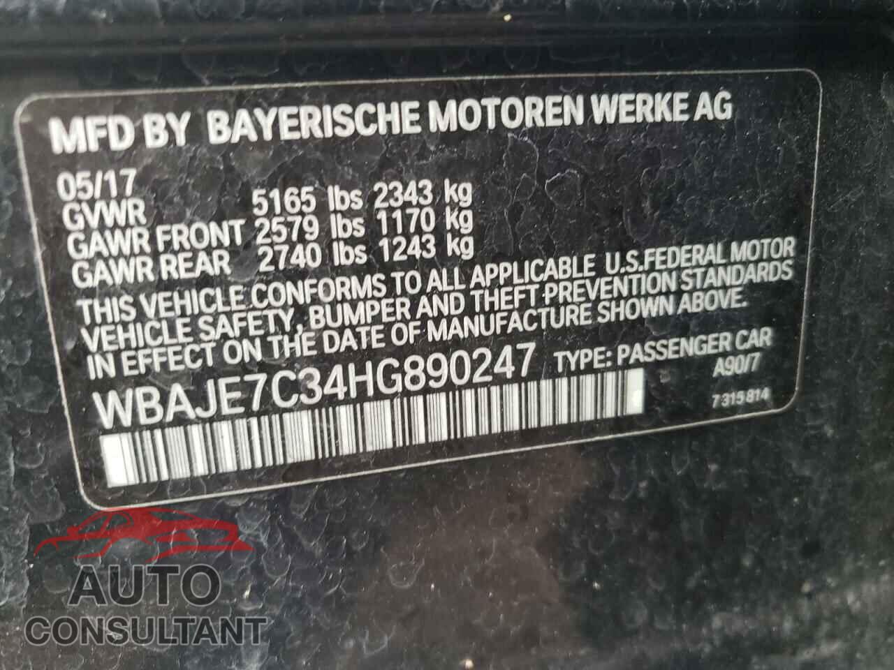 BMW 5 SERIES 2017 - WBAJE7C34HG890247