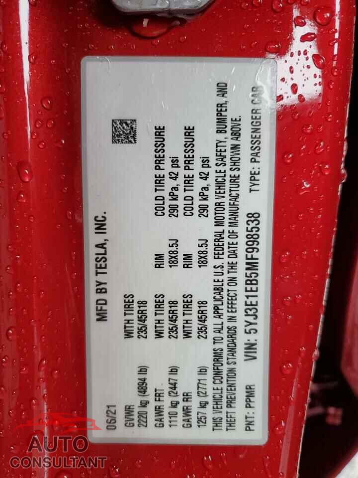 TESLA MODEL 3 2021 - 5YJ3E1EB5MF998538