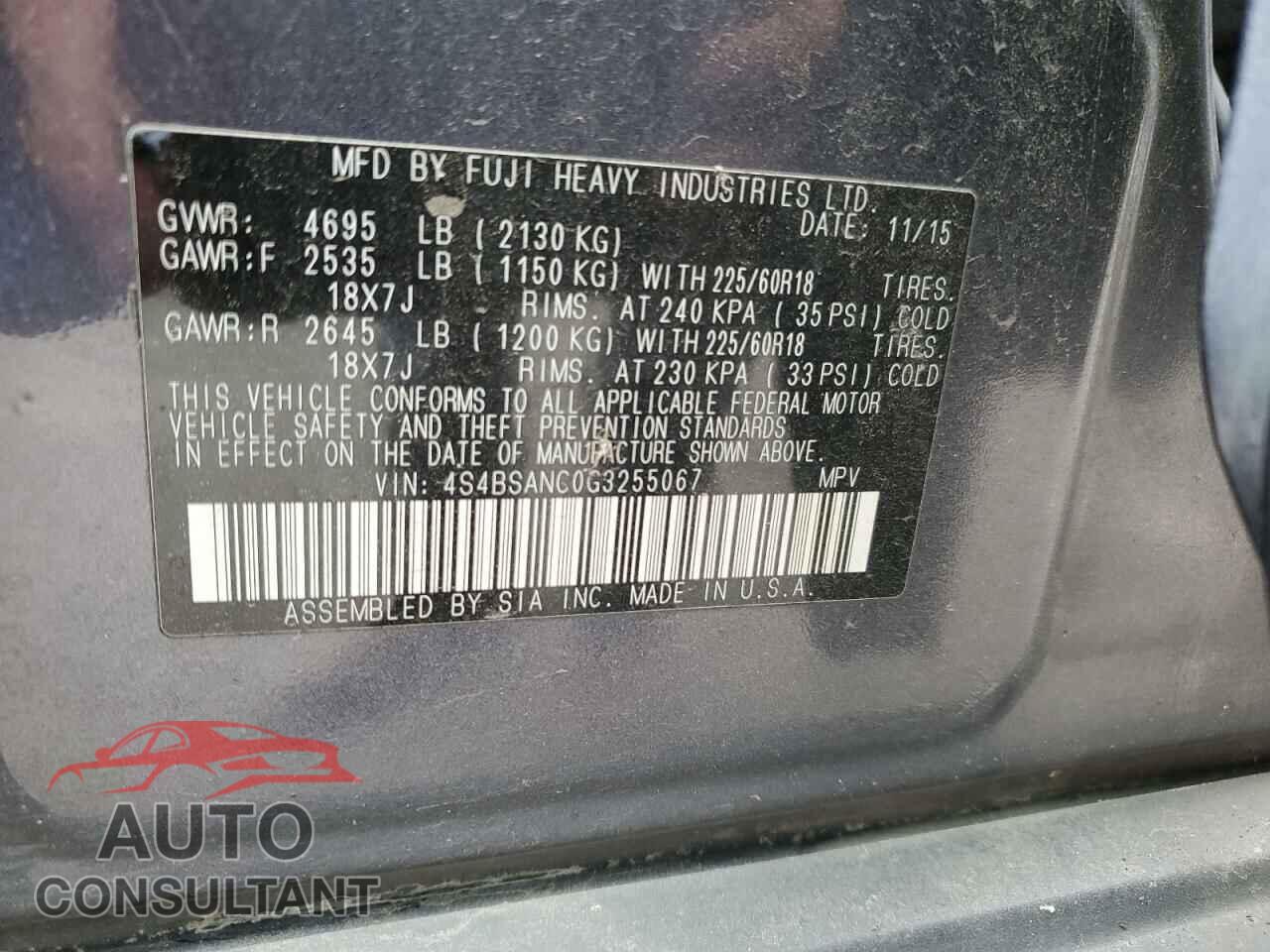 SUBARU OUTBACK 2016 - 4S4BSANC0G3255067
