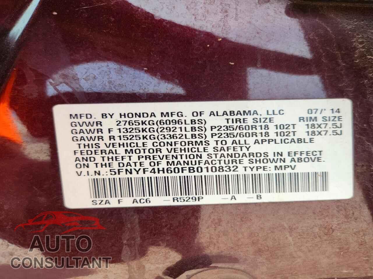 HONDA PILOT 2015 - 5FNYF4H60FB010832