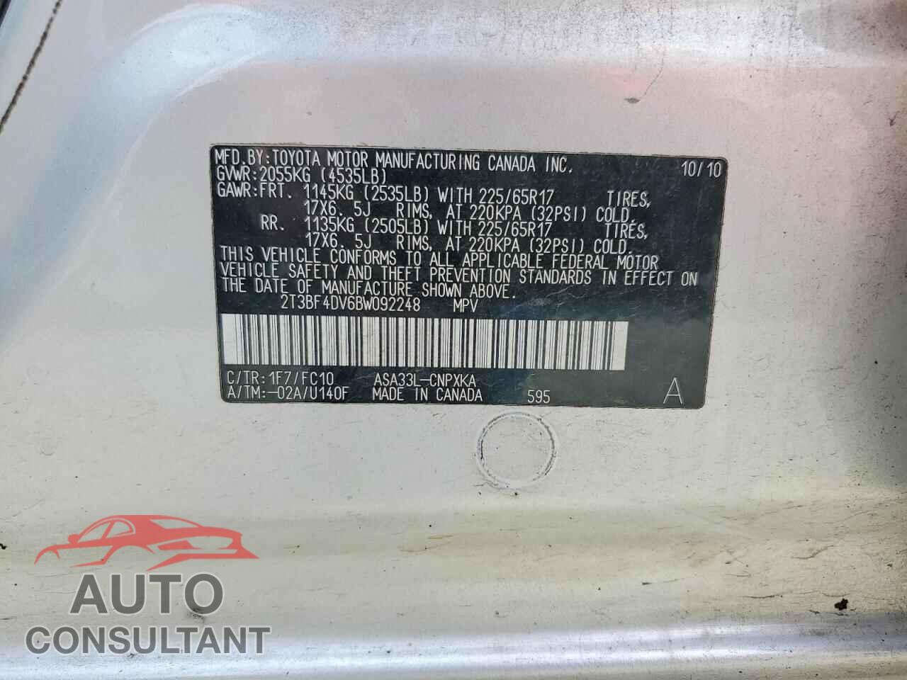 TOYOTA RAV4 2011 - 2T3BF4DV6BW092248