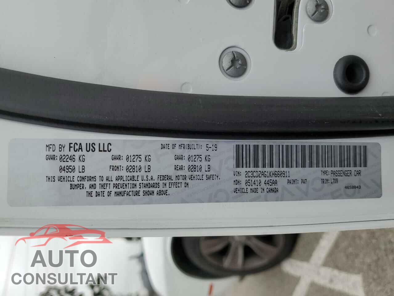 DODGE CHALLENGER 2019 - 2C3CDZAG1KH660911