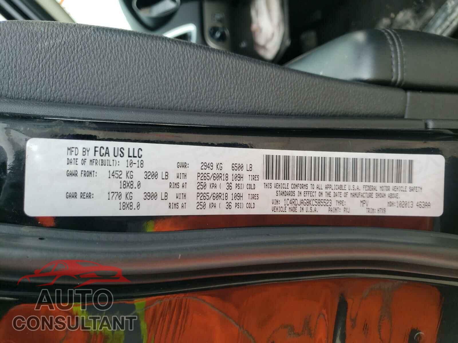 DODGE DURANGO 2019 - 1C4RDJAG8KC585523