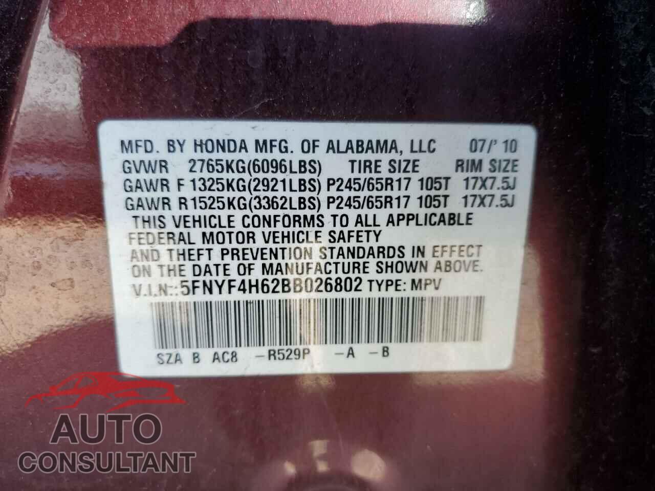 HONDA PILOT 2011 - 5FNYF4H62BB026802