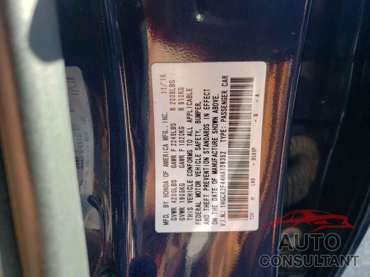 HONDA ACCORD 2017 - 1HGCR2F44HA109352