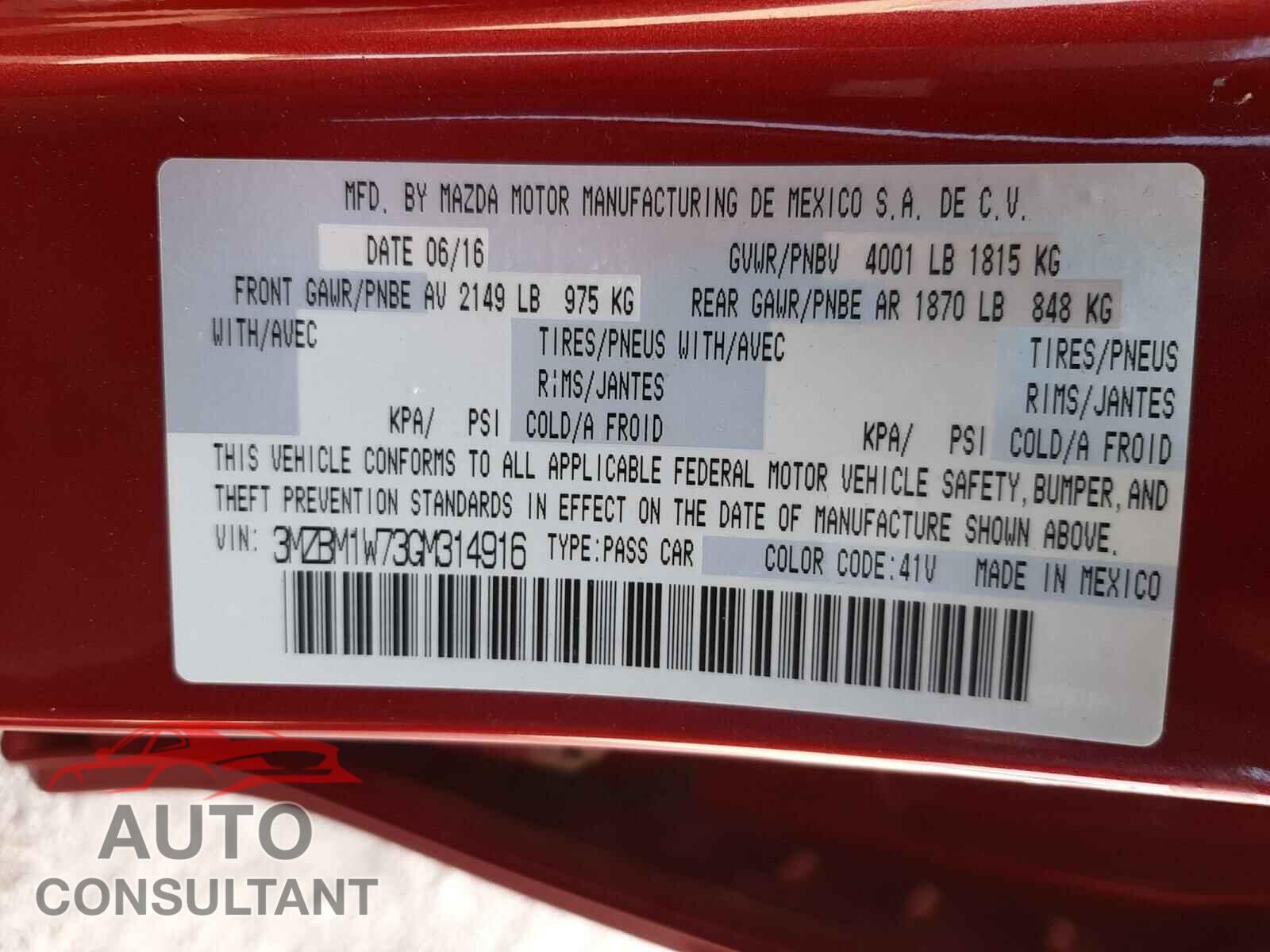 MAZDA 3 2016 - 3MZBM1W73GM314916