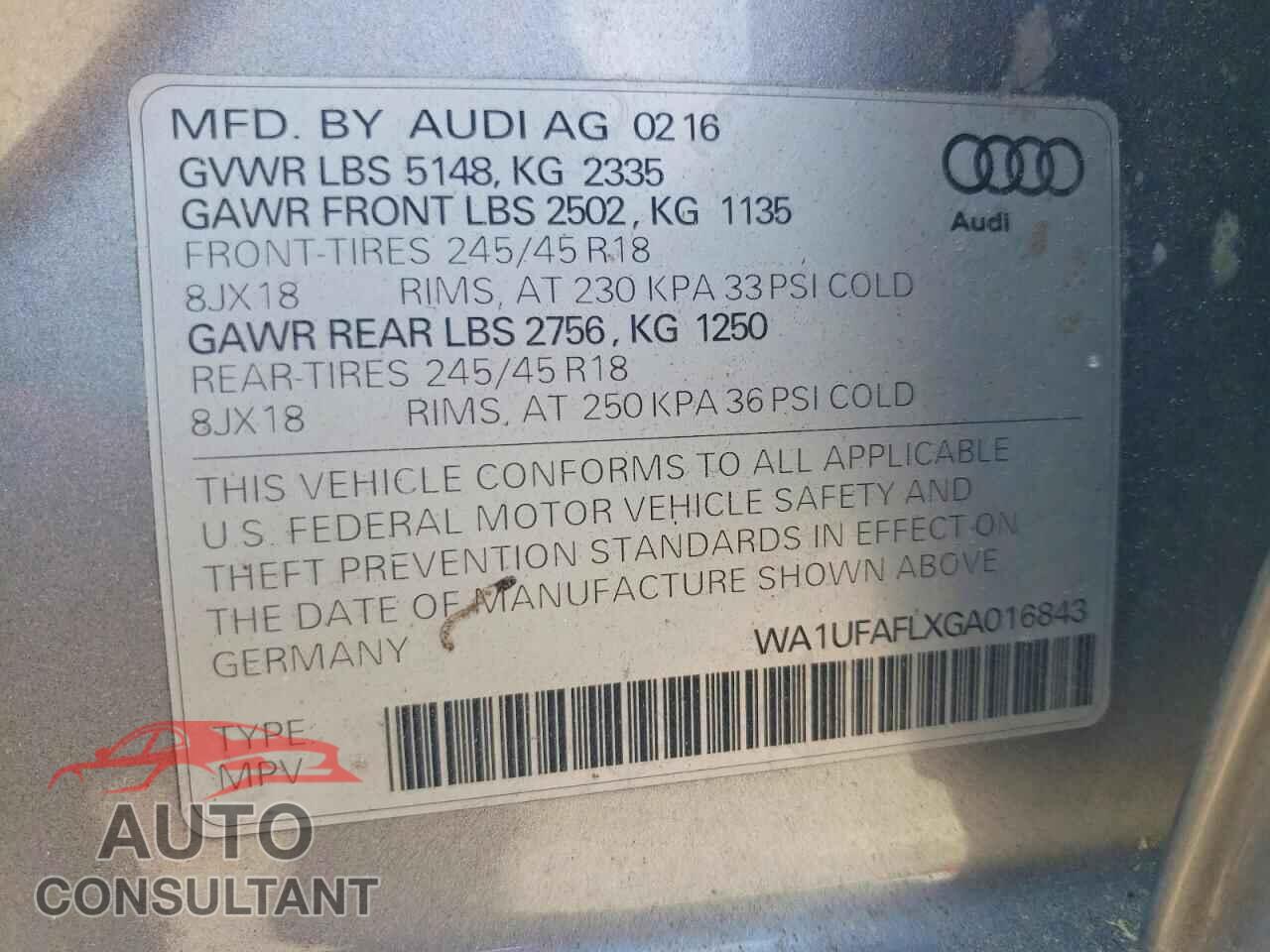 AUDI A4 2016 - WA1UFAFLXGA016843