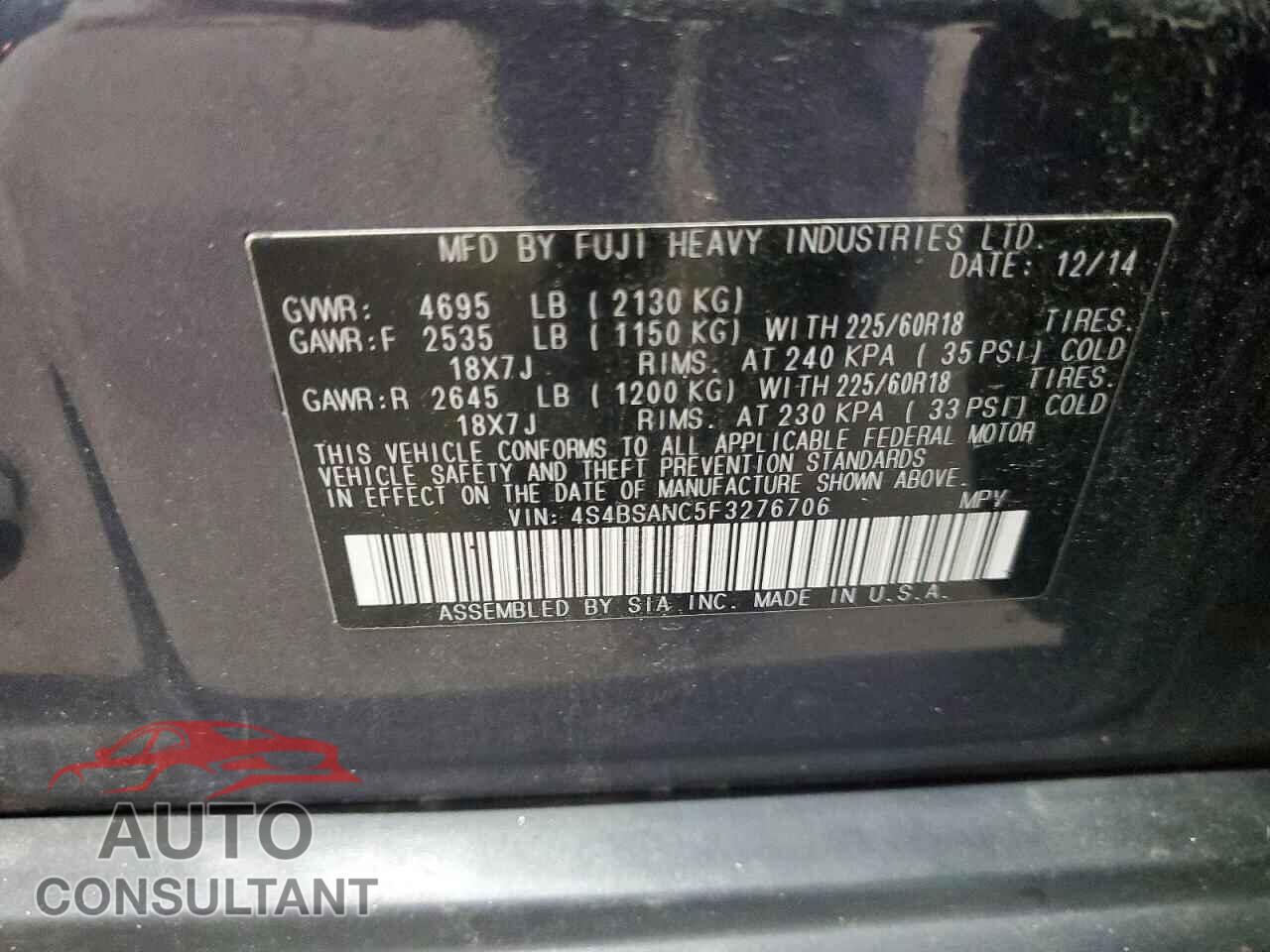 SUBARU OUTBACK 2. 2015 - 4S4BSANC5F3276706
