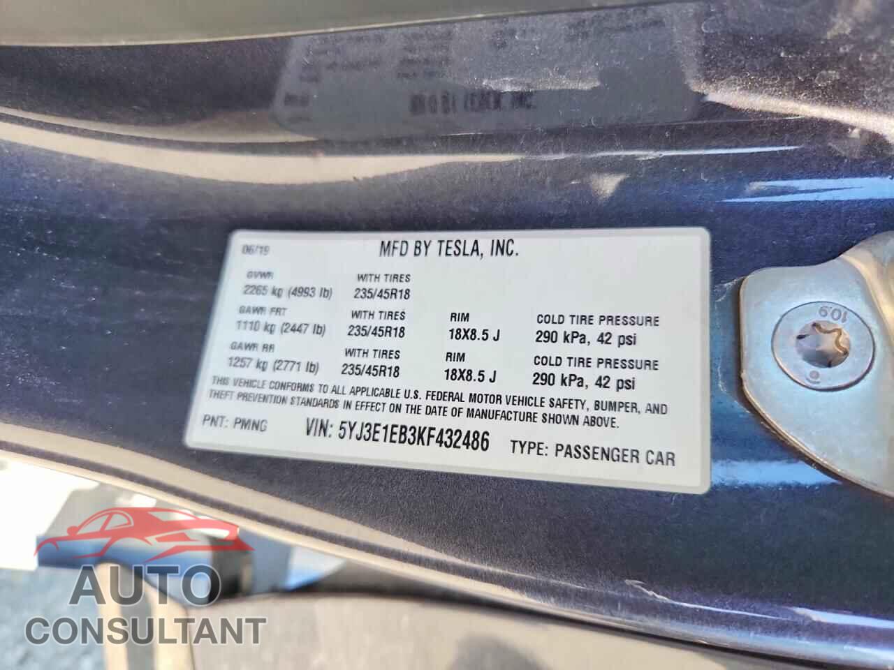 TESLA MODEL 3 2019 - 5YJ3E1EB3KF432486